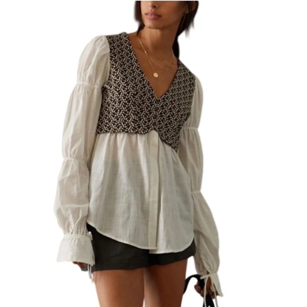 Anthropologie Layered Jacquard Blouse Size M White Black Mixed Media Boho